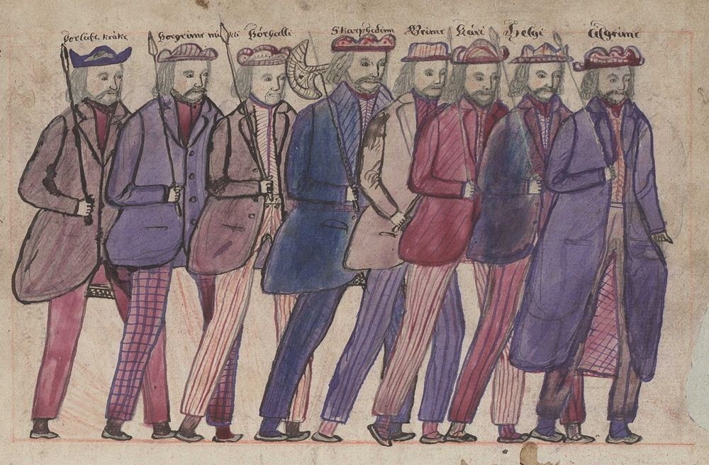 A row of gentlemen wearing nice, purple and pink suits. They wear hats/helmets? and carry dainty spears and axes.