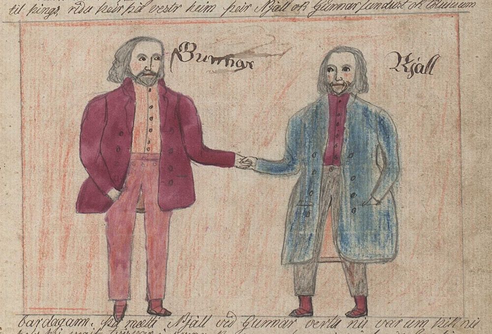 A drawing of two bearded men shaking hands. One is wearing a red suit, above him is the name Gunnar. The other is wearing a blue suit, above him is the name Njáll. They are two primary characters in the Saga of Burnt Njáll. 
