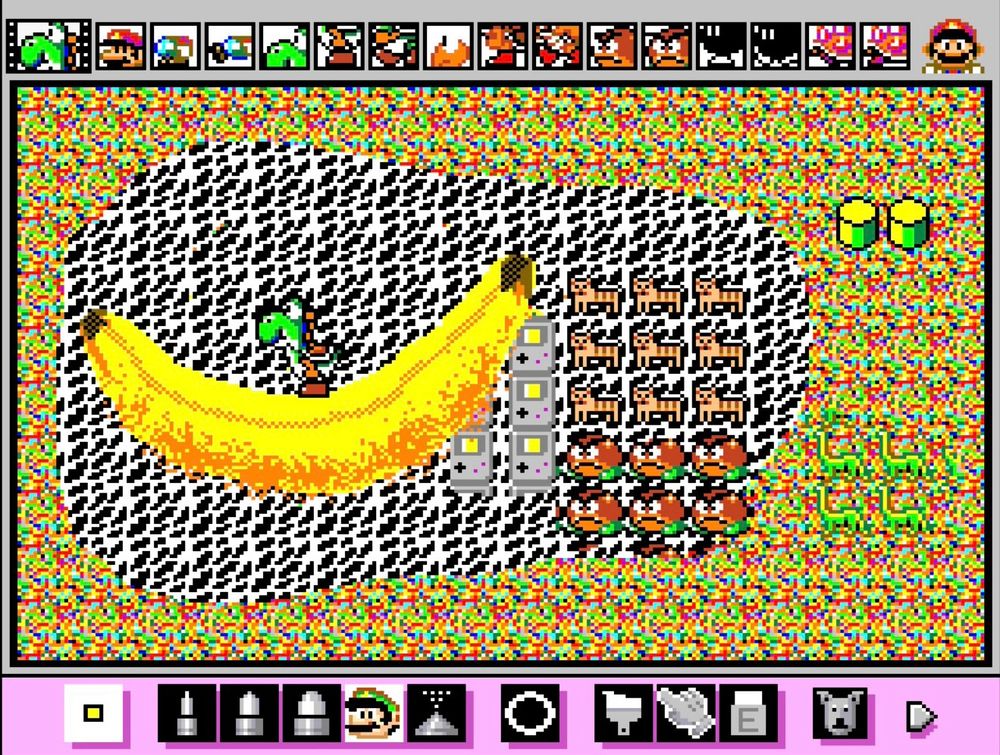 A screenshot of Mario Paint, played on the Nintendo Switch 2. A Yoshi stamp from Super Mario World sits on top of a shaded large banana. The background is a colourful mess of random patterns and stamps.