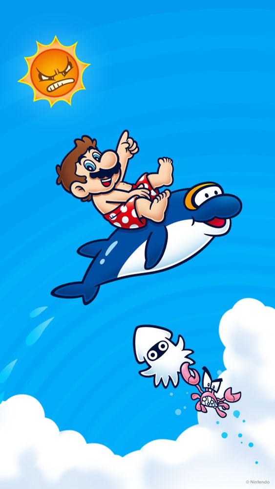 Mario ‘summer’ wallpaper from Nintendo. Mario is riding one of those dolphins that is a playable character in Mario Kart World. I think they were enemies in a 2D Mario game. There’s an angry sun in the sky, possibly from Super Mario Bros 3.