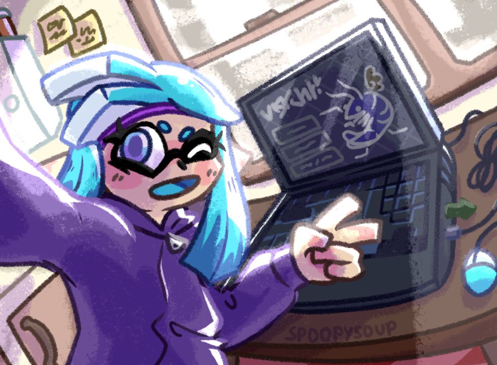 The same inkling is shown taking a joyful selfie in front of her bulky laptop, currently showing a parody of "ultrakrill" on the screen. The background is a slightly fisheye lens of the surrounding apartment with overwhelming light coming from the large window behind the computer, you can see Splatlandian city buildings slightly from the other side of the window.