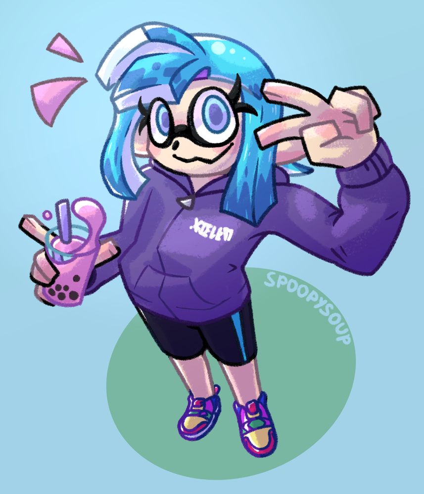 An illustration of a light blue splatoon inkling with a purple jacket and holding a pink boba tea. The drawing is foreshortened towards the head and other arm, which is doing a peace sign towards the face. The colors are vibrant and white highlights show the bright light coming from the top left.