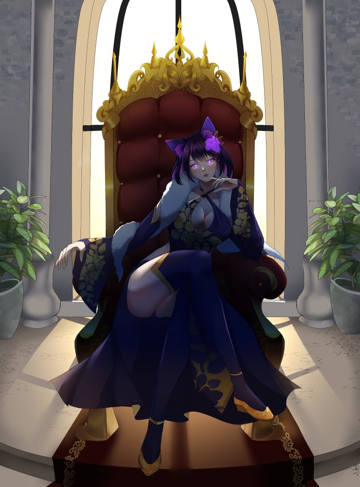 A purple haired wolf human hybrid wearing revealing clothes is sitting on a throne with a sultry look on her face 