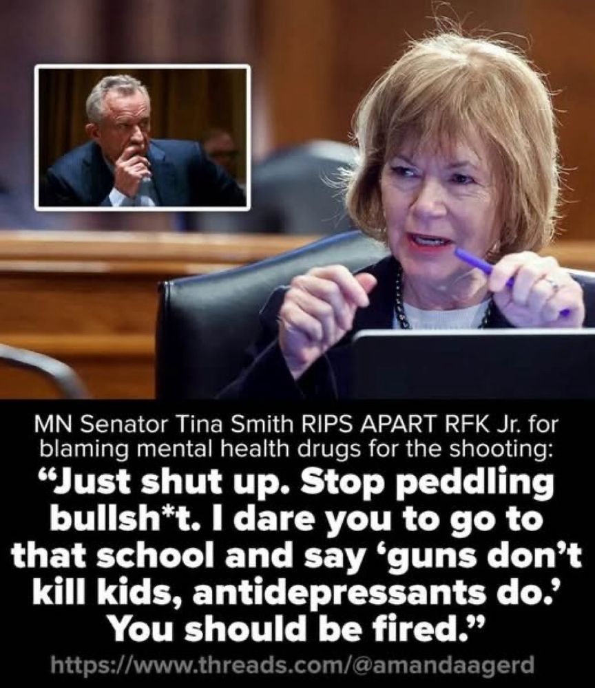 MN Senator Tina Smith (pictured) RIPS APART RFK Jr. (pictured) for blaming mental health drugs for the shooting: 