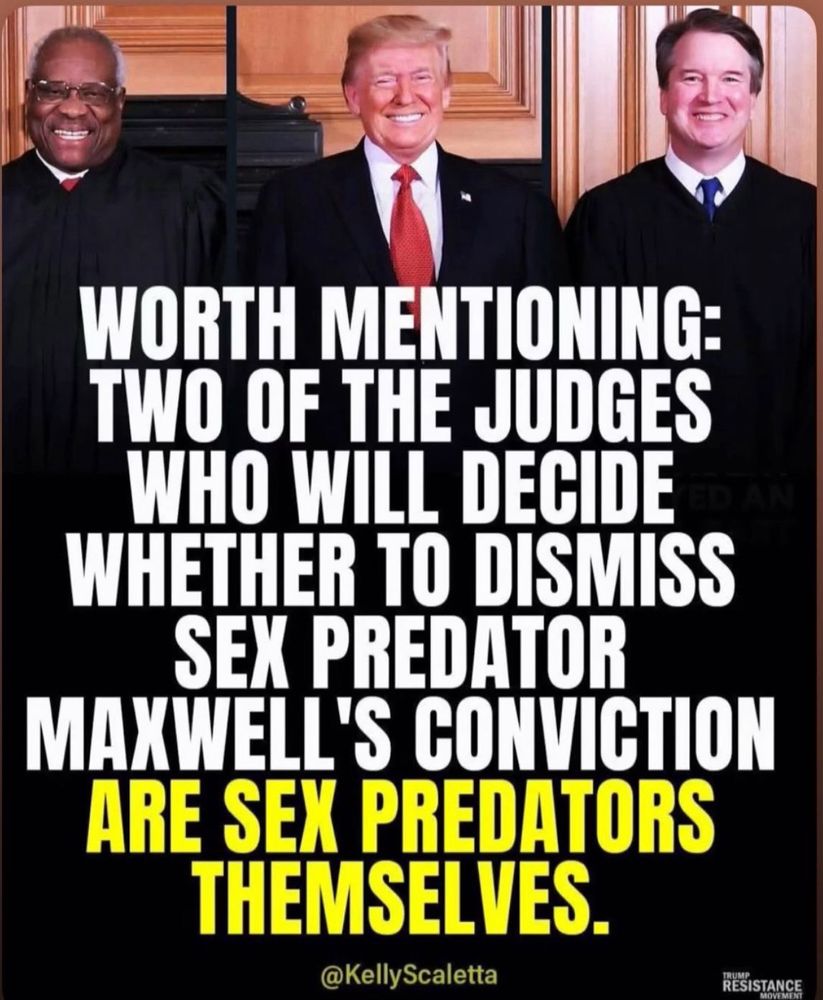 WORTH MENTIONING:
TWO OF THE JUDGES WHO WILL DECIDE WHETHER TO DISMISS SEX PREDATOR
MAXWELL'S CONVICTION ARE SEX PREDATORS THEMSELVES.
@KellyScaletta
RESISTANCE
MOVEMEN