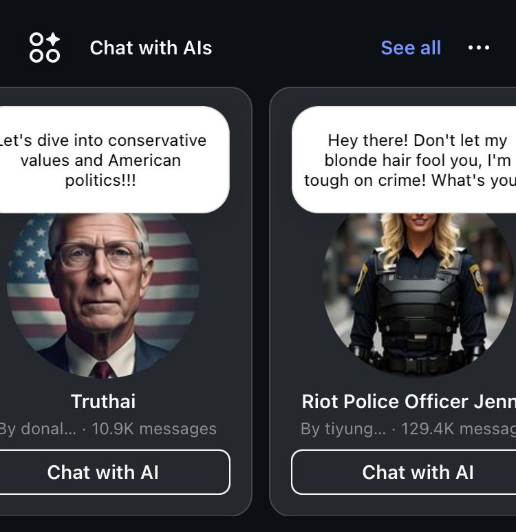 Instagram “AI characters” that include a conservative man who wants to talk about politics and a blonde riot police officer. 