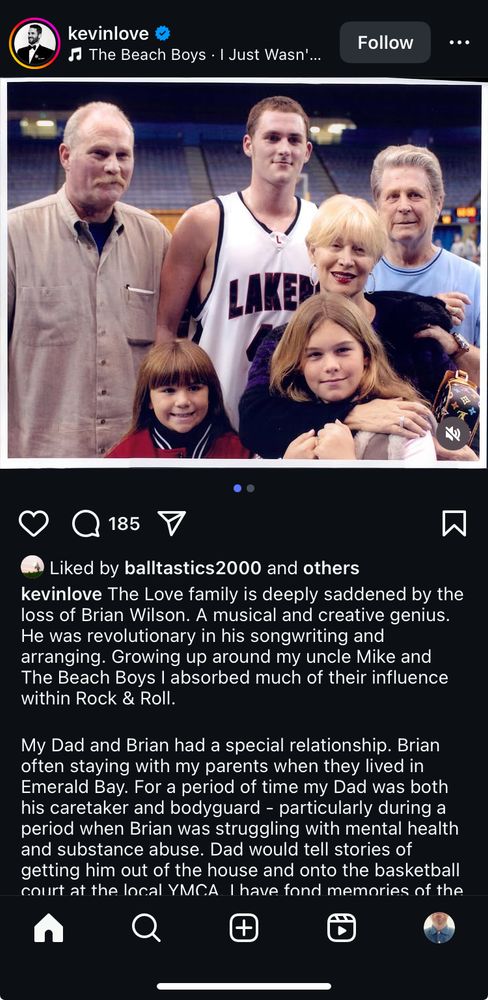 Instagram post by NBA player Kevin Love mourning the death of Beach Boy Brian Wilson. 