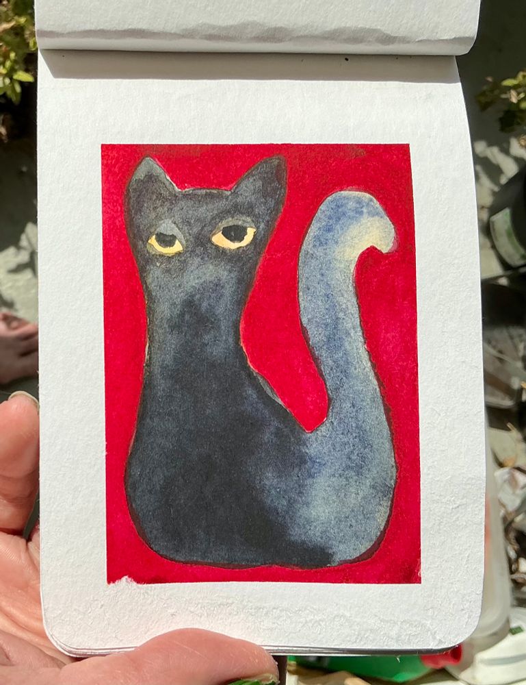 A deeply unimpressed black cat with yellow eyes on a crimson background in watercolor on A6 paper