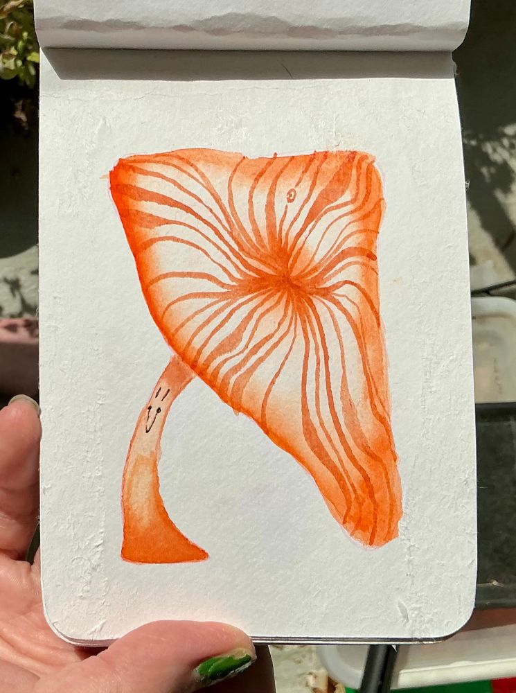 An orange mushroom with a gilled head and a small chipper smiley face on the stem