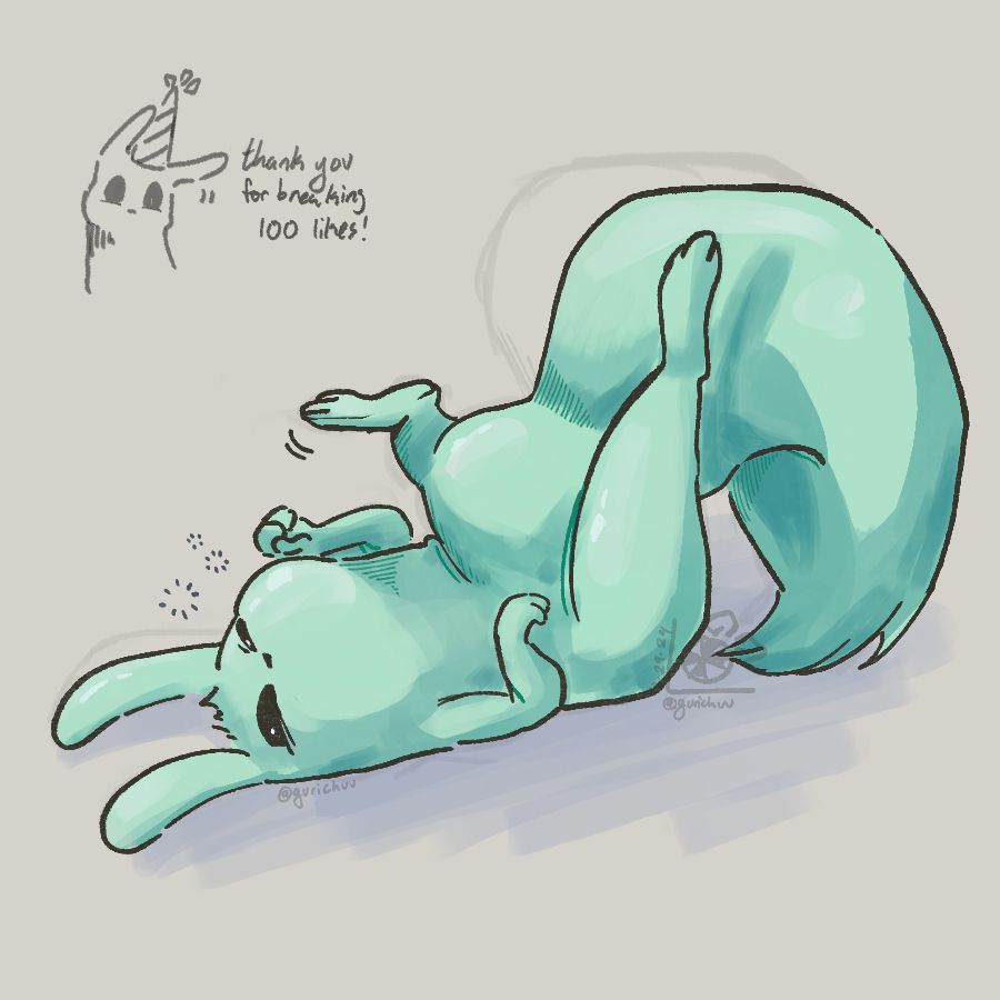 A light green/mint slugcat posing weirdly after just waking up. the text reads "Thank you for breaking 100 likes!" | rain world