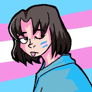 Ryougi Shiki with a trans pride flag painteed on her cheek. She's winking and sticking her tongue out.