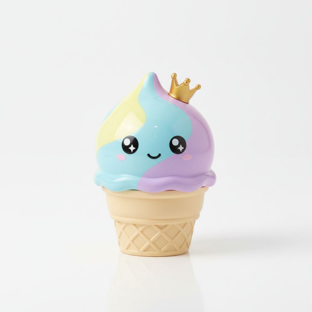 kawaii vinyl ice cream cone toy, made of glossy vinyl and smooth plastic, 3D-rendered, cute Japanese mascot style, pastel color palette, adorable facial expression, soft ambient lighting, studio shot, ultra-clean white background, toy photography aesthetic, inspired by Kidrobot and Pucky designs, symmetrical front view.
