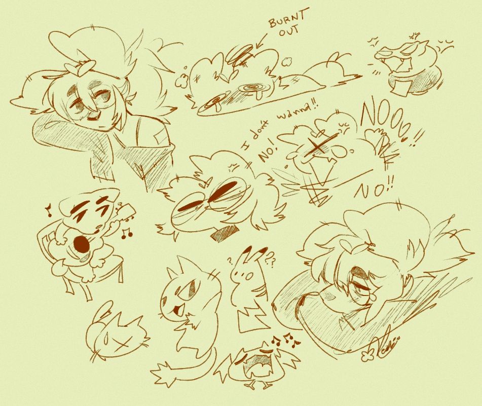 various doodles, mostly leafies. there's some cats and pokemon, k.k.slider playing guitar and a screaming frogjar 