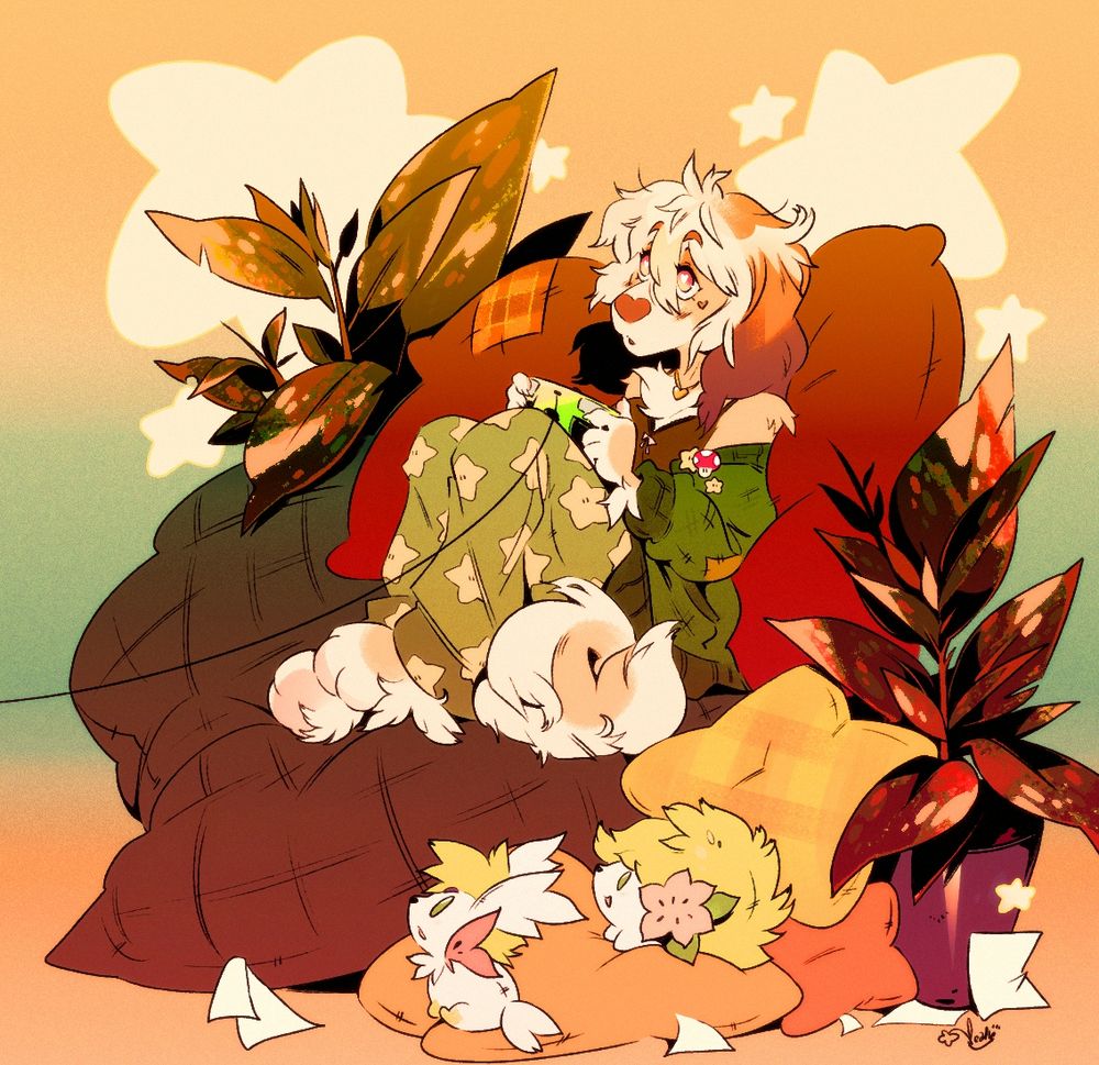 Penny the cavalier spaniel mix is lounging on a big poofy bed and playing her N64 in her pjs. beside her are a land and sky form Shaymin plushie and two large ruby ficus plants. the scene is bathed in a warm sunny glow.