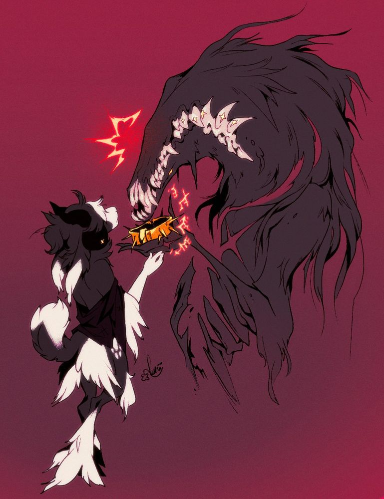 an oc drawing of Oakley the sheep meeting a nameless wolf demon. 
the demon is smiling an uncanny, wide toothy grin and his head is flipped upside down. he is holding out a golden spiked collar to the sheep who is reaching up to take it.
