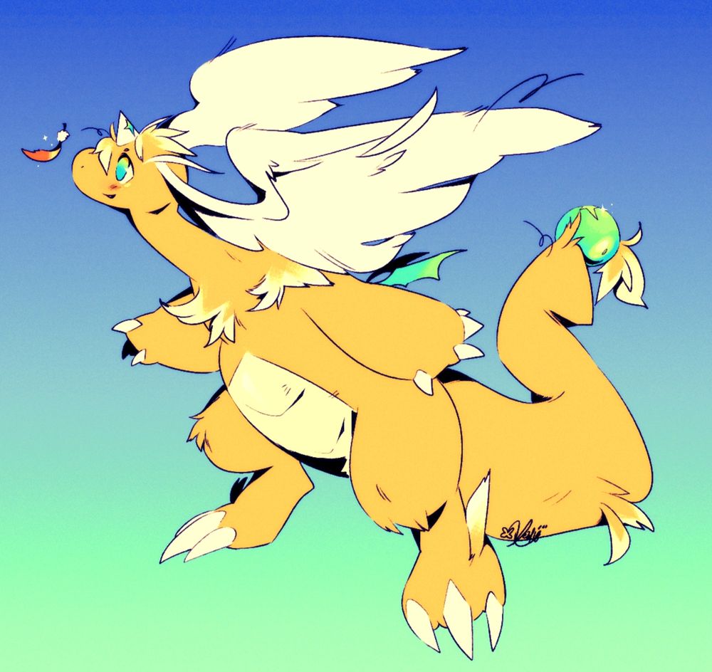 my version of mega dragonite, it's super fluffy with bigger proportions and it's eyes, wings, horn and tail orb resemble a mood ring