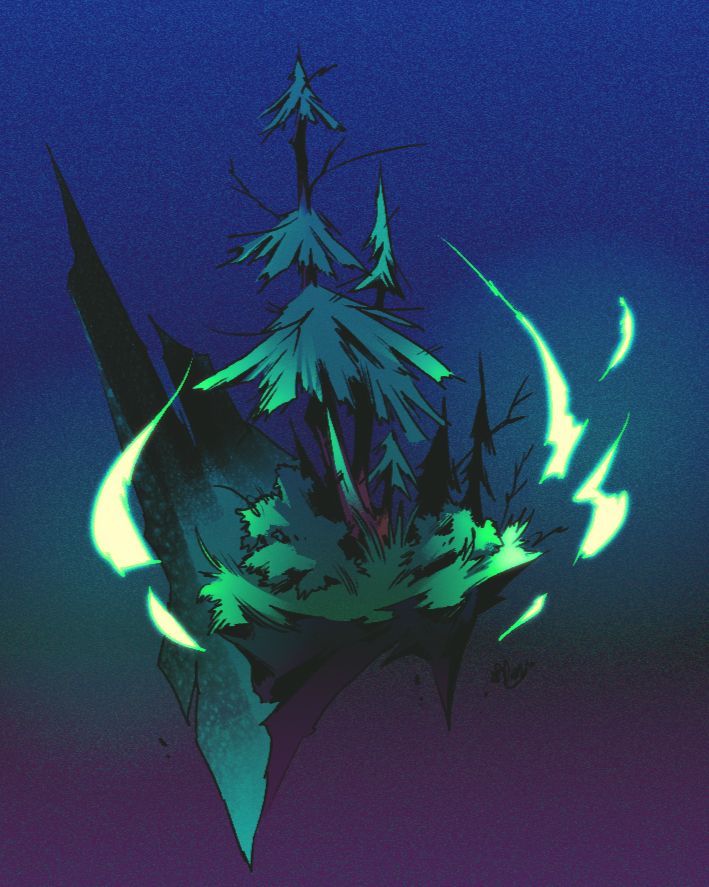 a moody doodle of some weathered old pine trees surrounded by will-o-wisps