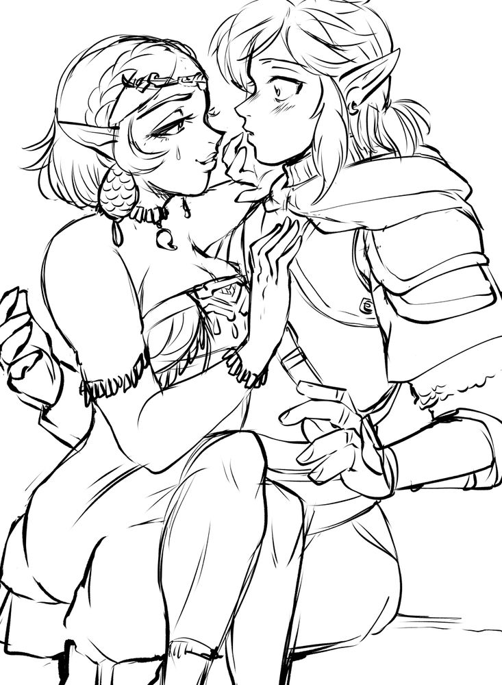 sketch of puppet zelda from tears of the kingdom sitting on link's lap. he looks shocked.