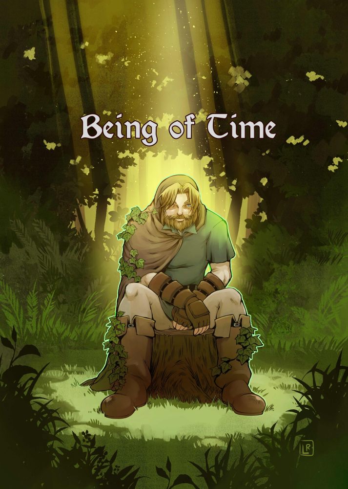 An older Link from Ocarina of Time sits along in the forest. Vines have started to grow on him, showing the passage of time and how he's stuck in the past mentally, though his body continues to age.