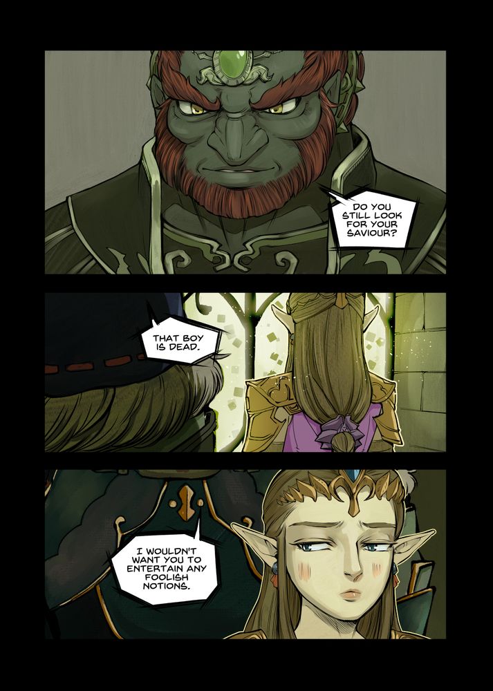 Comic page. Panel 1: Close up of Ganondorf. Ganondorf: 