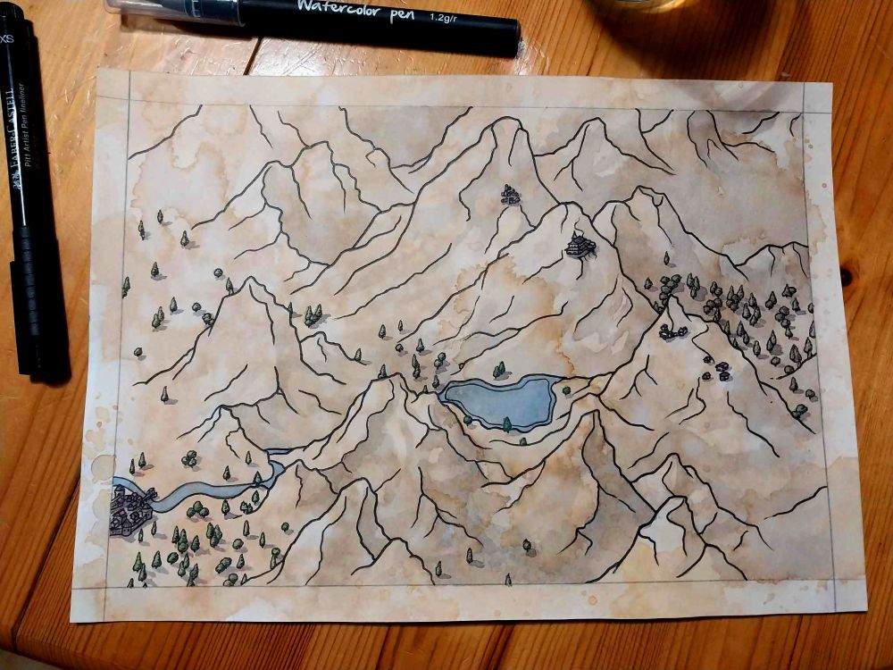 hand drawn ink and watercolor map of a mountainous region with a few trees, a small lake, a walled town and a few sparse other landmarks