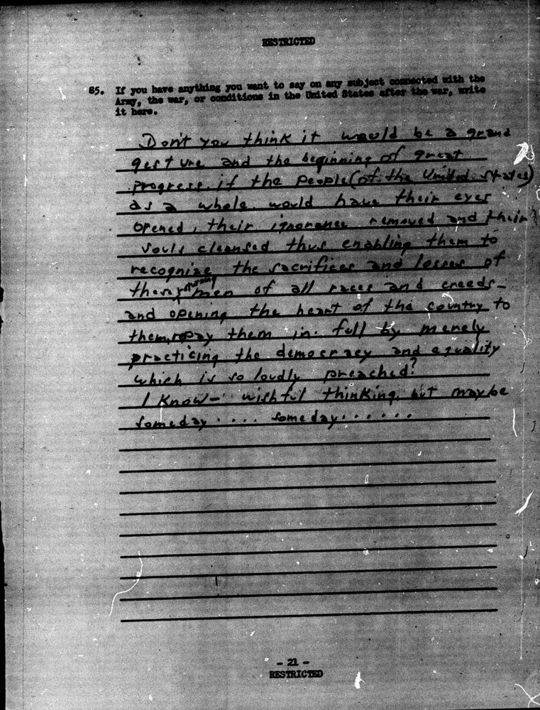 Scan of microfilmed page containing handwritten comments from a Black WWII soldier.