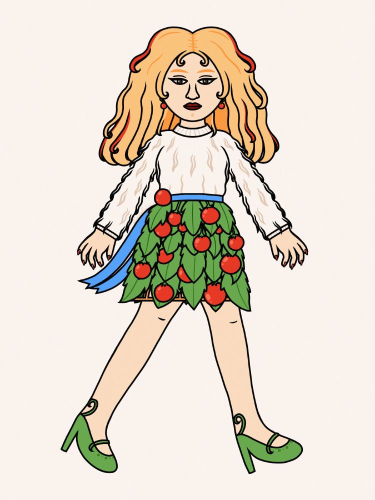 A digital illustration of Kızılay Dağli (my original character). She wears a faux fur sweater inspired by the Angora goat. She complements her off-white top with a skirt and a pair of shoes, which are both inspired by the tomato witch hat from Oddarette.