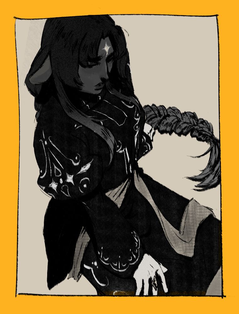 a fantasy-like character drawn in black and white sitting on the ground