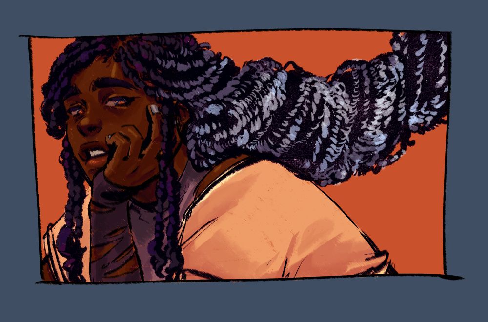 a colored sketch of a character drawn from the bust-up