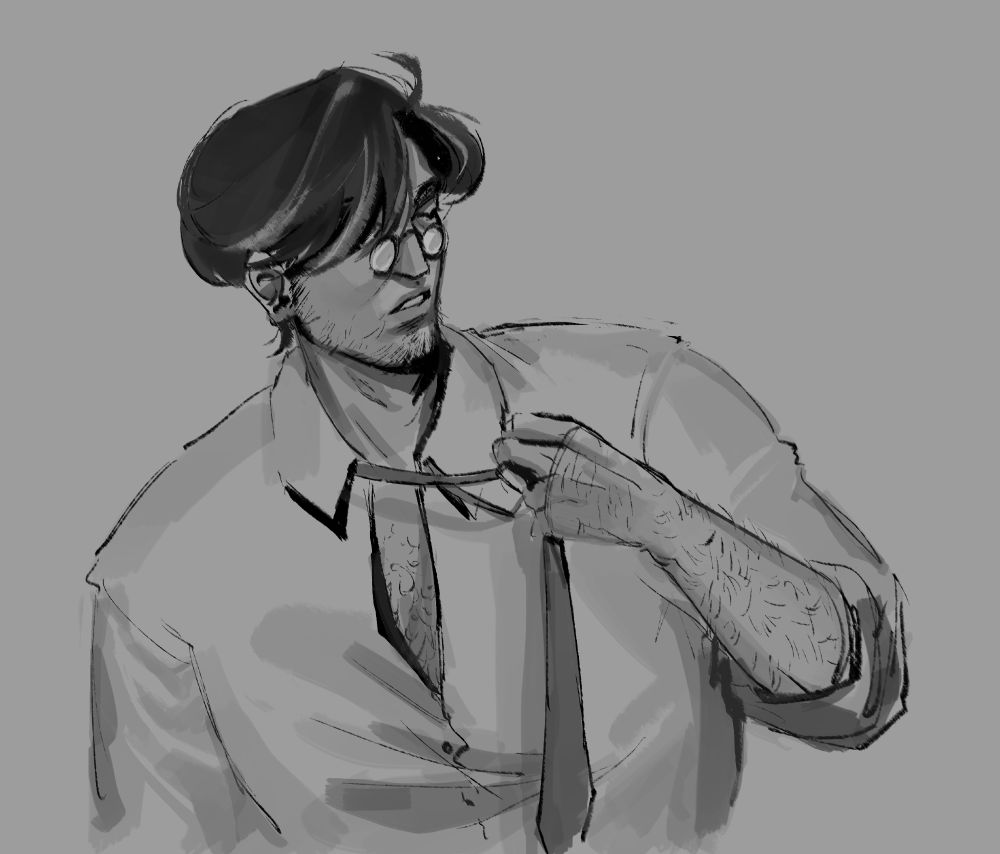 a greyscale drawing of a character with small glasses and short hair. his appearance is slightly undone