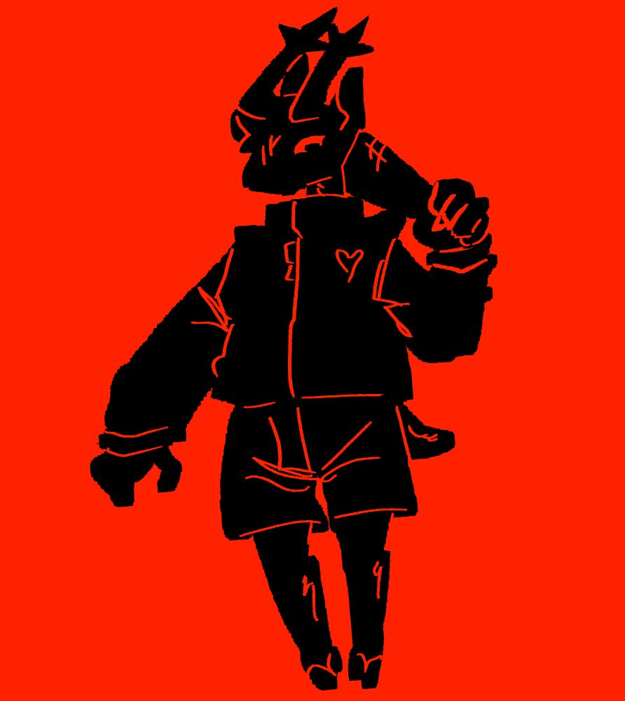 black silhouette with red details of dess (deer anthro with a track jacket and antlers holding a wiffle bat over her shoulder) on a bright red background