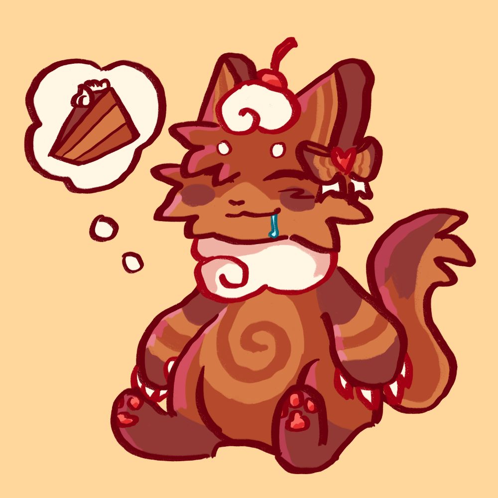 chibi of chocolate themed anthro drooling and thinking about a slice of cake