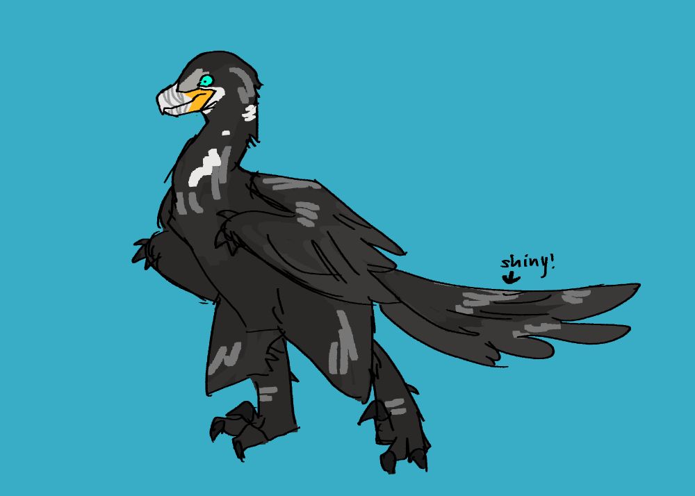 a digital drawing of a black feathery velociraptor standing tall. it has the markings and coloration of a neotropic cormorant