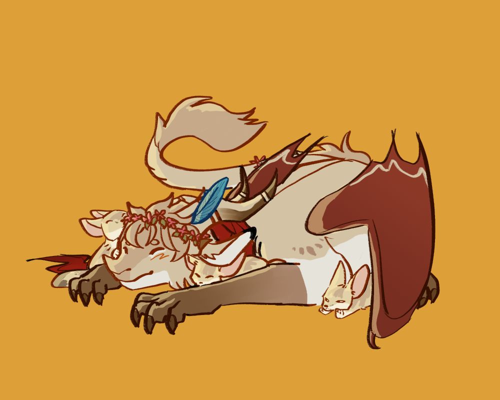 dragon lying down with multiple fennec foxes cuddling them