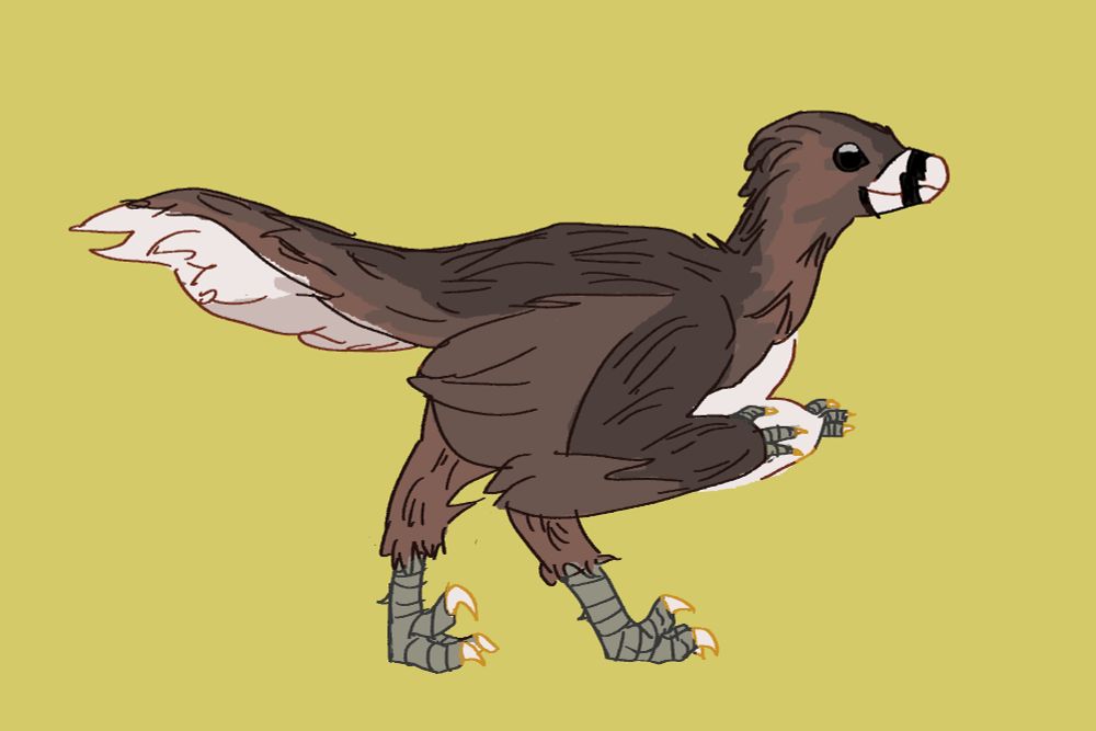 a digital drawing of a fluffy brown velociraptor with markings similar to a pied-billed grebe