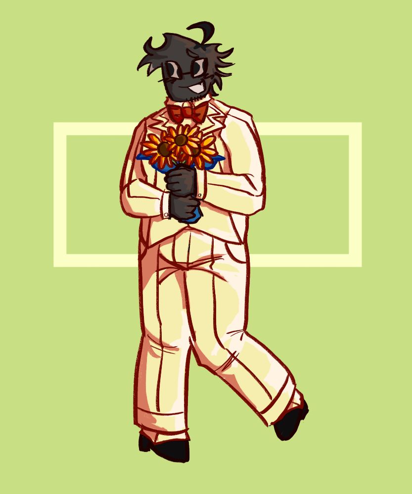 fullbody of kroutonzd's oc chip. he's grinning and blushing while holding a bouquet of sunflowers