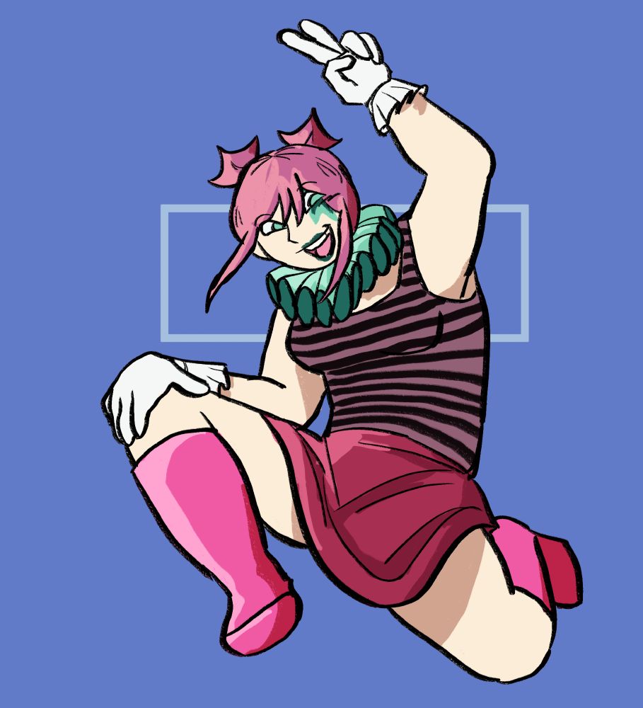 fullbody of girl dressed in clown makeup, grinning and throwing up a peace sign