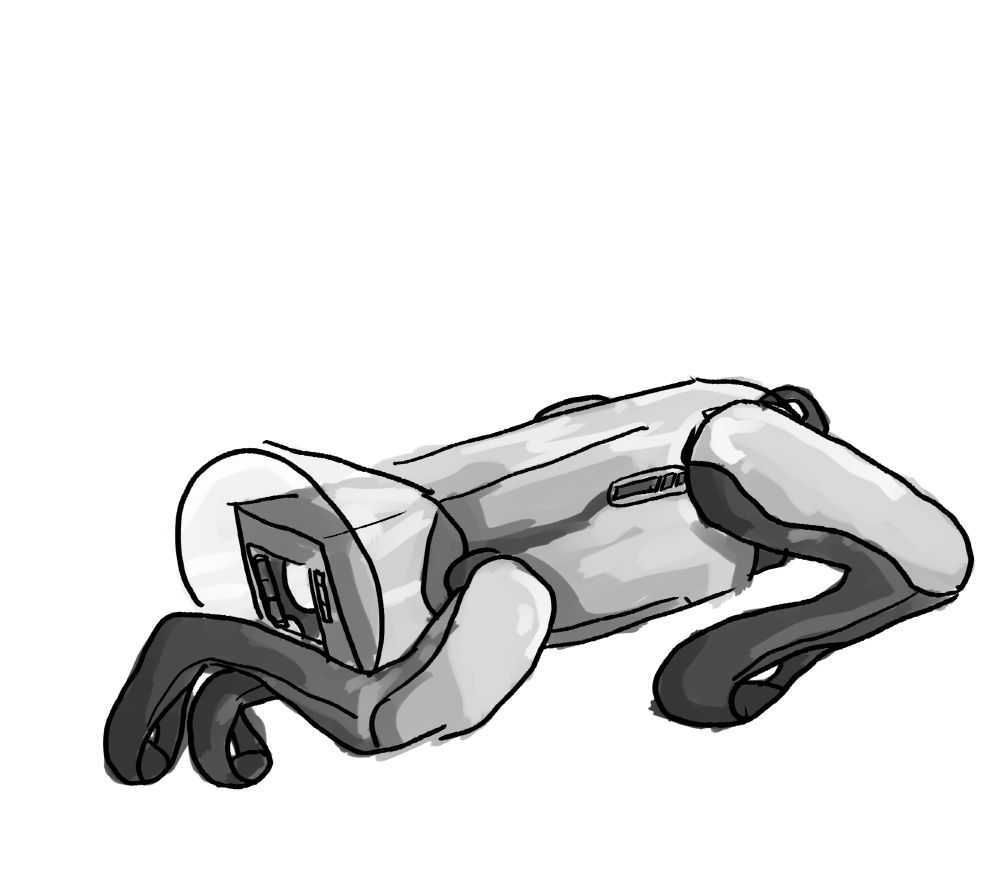 black & white drawing of a boston dynamics style 'robot dog' lying down and looking sad/dejected, wearing a dog cone around its head