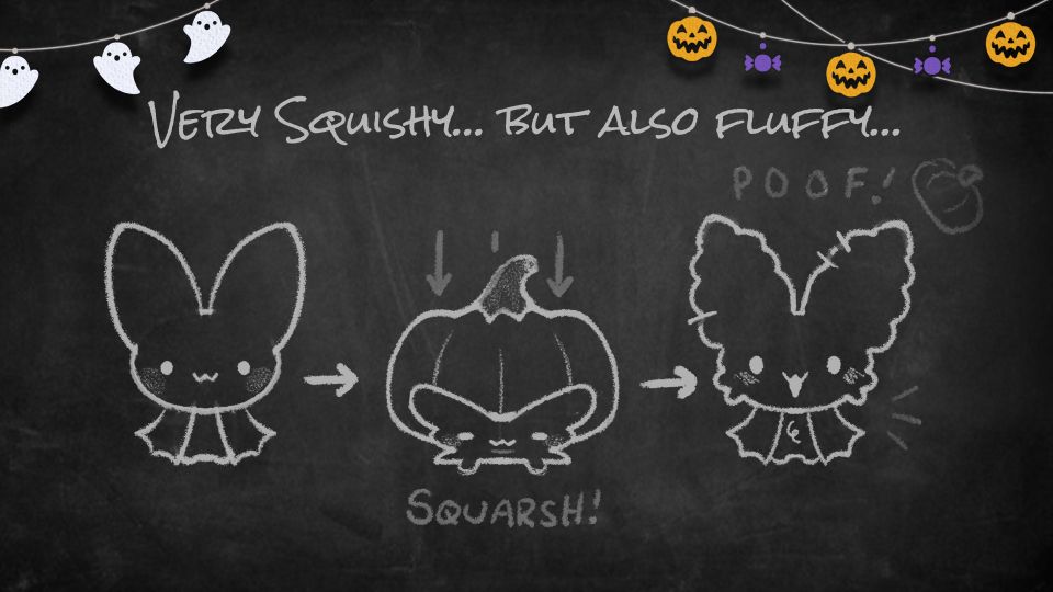 "Very Squishy... but also fluffy..." above a diagram of a bloodling being squashed then bouncing back to normal size. Its fur is much more poofy after the squish.