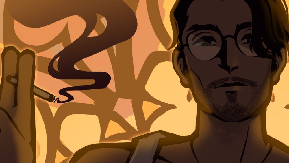 An illustration of BBNO$ smoking a cig while bathed in heavenly light