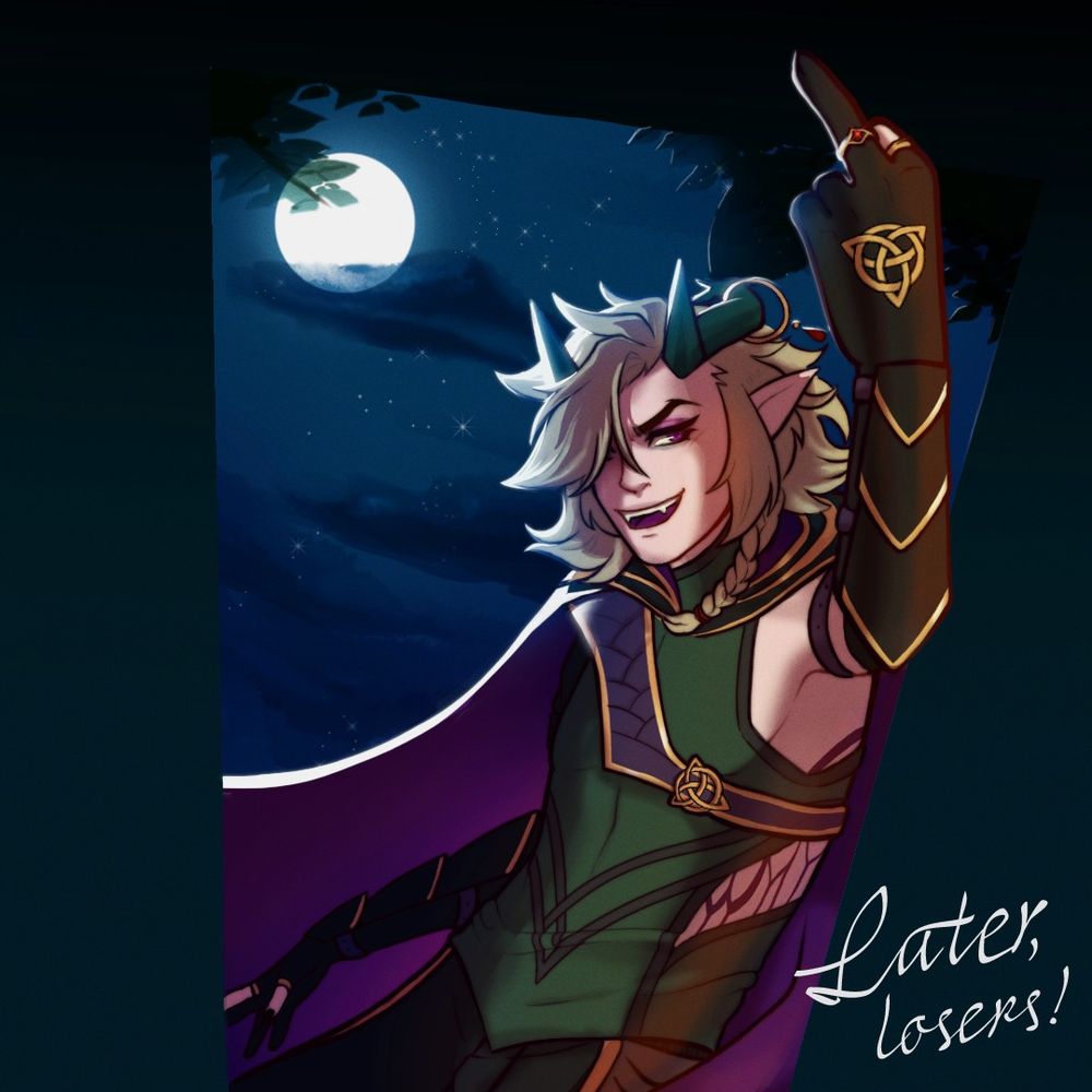 An illustration of Lark about to escape out an open window. He is flipping the bird. The text in the corner reads "Later, losers!"