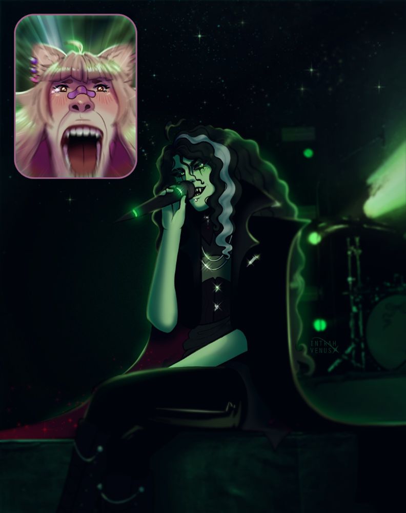 An illustration of a screen grab where Intrah is sitting on stage and singing. In the corner of the screen is a face cam where we can see Fortune screaming with pure joy. She is crying and looks like she might pass out.