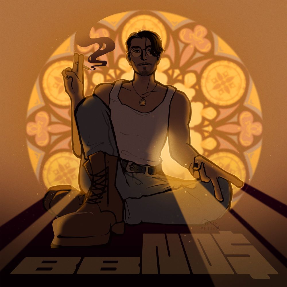 An illustration of BBNO$ sitting in front of a round, stained glass window. Golden light streams in from behind him, leaving most of him in shadow. He holds a cigarette between two fingers.