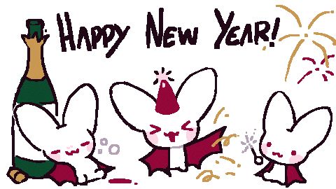 An illustration made in MS Paint. Three bloodlings celebrate the new year. One is asleep next to a bottle of champaign, one is throwing confetti, and one is playing with a sparkler. Large text above them reads "HAPPY NEW YEAR!"