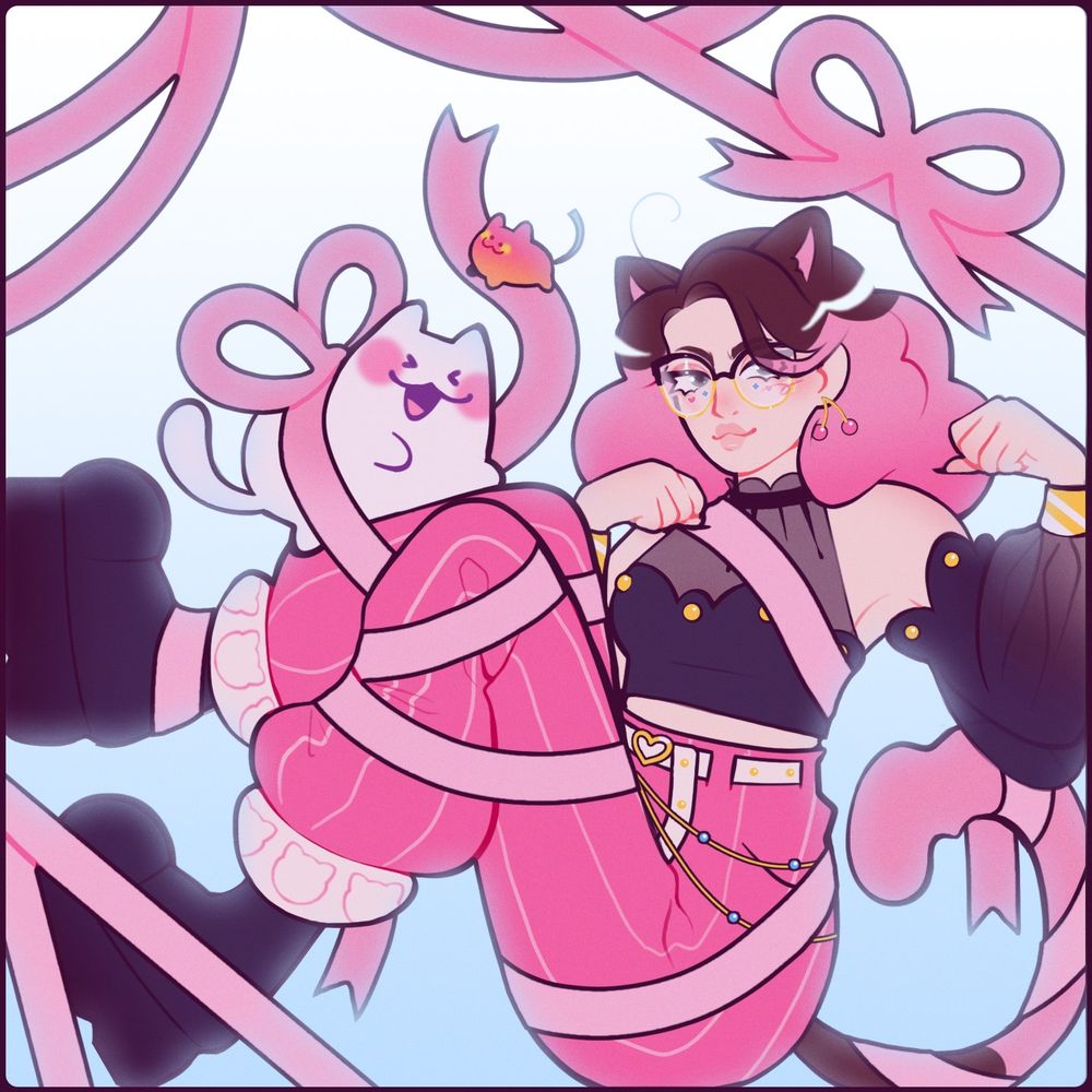 An illustration of Cherri, Buttcat, and Pittercat playing with ribbons. They have gotten themselves all tangled up. 