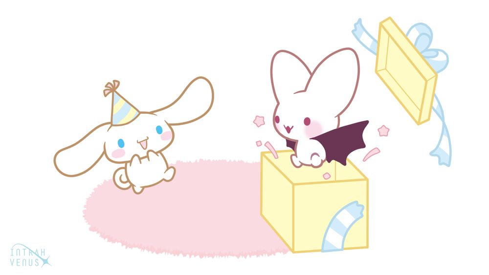An illustration in the style of the official Cinnamoroll Twitter account. It shows Cinnamoroll in a party hat being surprised by a bloodling who is jumping out of a gift box.