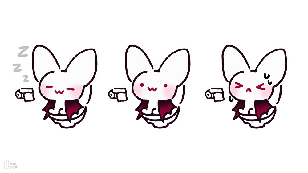 Three bloodlings, each one sitting on a toilet. One is sleeping, one is chilling, and one is having a difficult time.