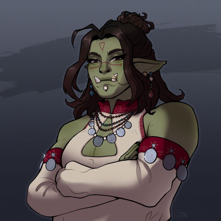 An illustration, a portrait of an orc on a grey background.