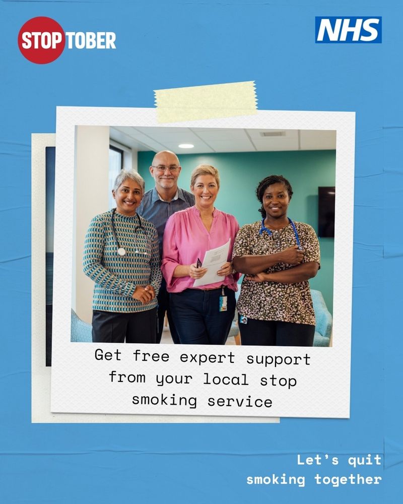 Photo of a group of smiling middle aged healthcare professionals.Text: Get free expert support from your local Stop Smoking Service. 
NHS logo