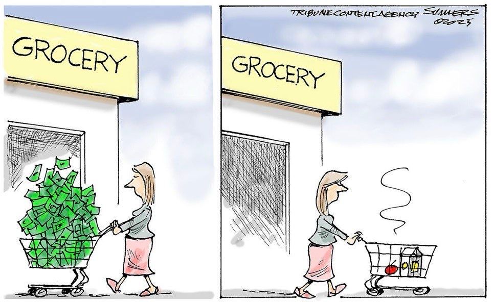 Before, and after at the grocery store: walking in with a pile of cash, walking out with a gallon of milk and an apple.

Because Trump has done so much to bring down grocery prices.